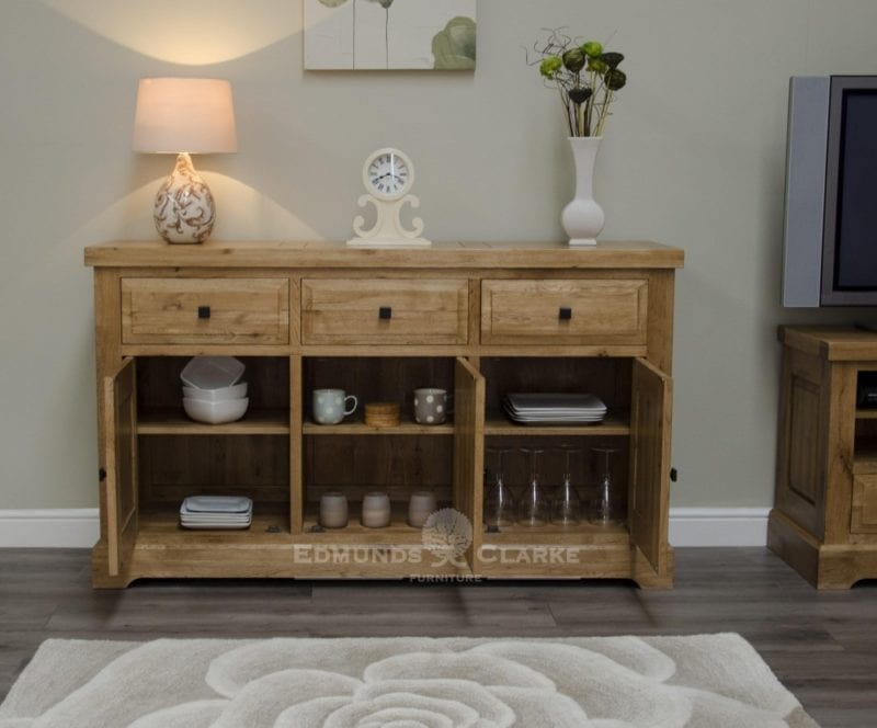 Deluxe Rustic Solid Oak large sideboard with three drawers three doors oak shelves inside cupboards DLXLSB