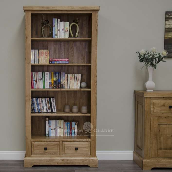 Melford solid oak large bookcase. Deluxe Rustic Solid Oak Large bookcase with four adjustable shelves and two storage drawers at the bottom DLXLGBC