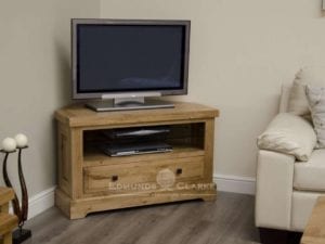 deluxe chunky rustic solid oak corner tv unit with one long drawer with glass shelf and choice of knobs DLXCORTV