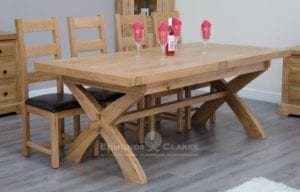 Melford solid oak X leg extending dining table. chunky rustic solid oak 200cm X Leg with two leaves that store underneath will sit 12 to 14 people comfortably DLXXLEG