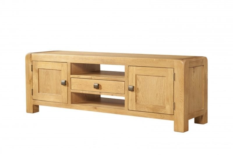 Oak Wide TV unit with cupboards & drawer Contemporary and Quirky Waxed Oak with smooth edges. Wide TV Unit with 2 doors, 1 centre drawer and 2 shelf with square rustic knobs DAV016