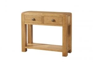 Avon oak large hall console table with 2 drawers .Contemporary and Quirky Waxed Oak with smooth edges. square rustic knobs , shelf at bottom. DAV10
