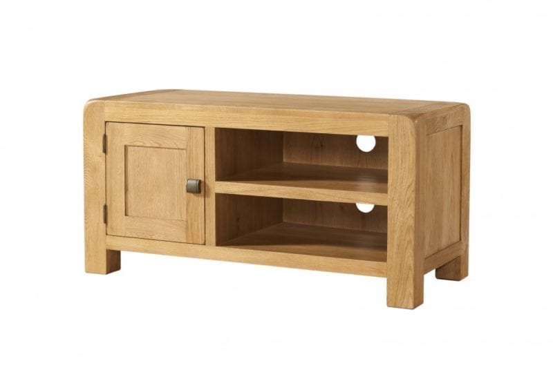 Oak TV Unit With Open Space & Cupboard. Contemporary and Quirky Waxed Oak with smooth edges. with square rustic knobs DAV017
