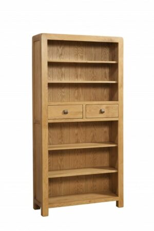 Oak Tall 2 Drawer Bookcase. Contemporary and Quirky Waxed Oak with smooth edges. 2 drawers central to bookcase 4 adjustable shelves with square rustic knobs . DAV021
