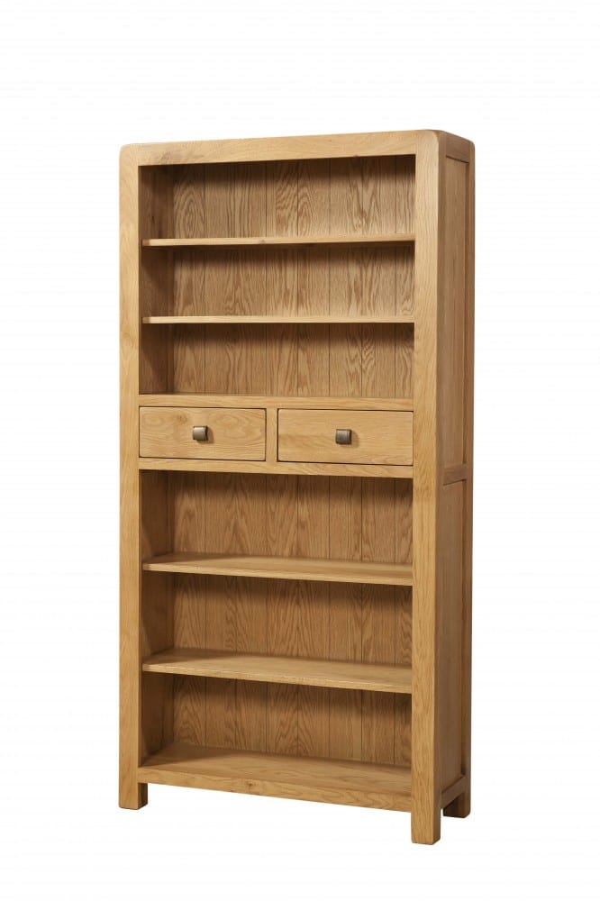 Oak Tall 2 Drawer Bookcase. Contemporary and Quirky Waxed Oak with smooth edges. 2 drawers central to bookcase 4 adjustable shelves with square rustic knobs . DAV021
