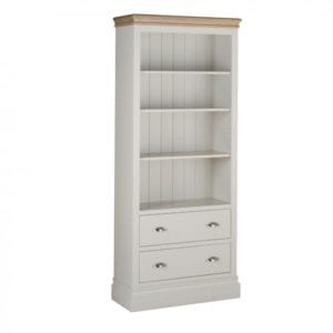 Lundy Painted 6ft Bookcase with 2 Drawers and metal cup handles. solid chunky moulded oak top, painted deep chunky moulded plinth various colours available LK50