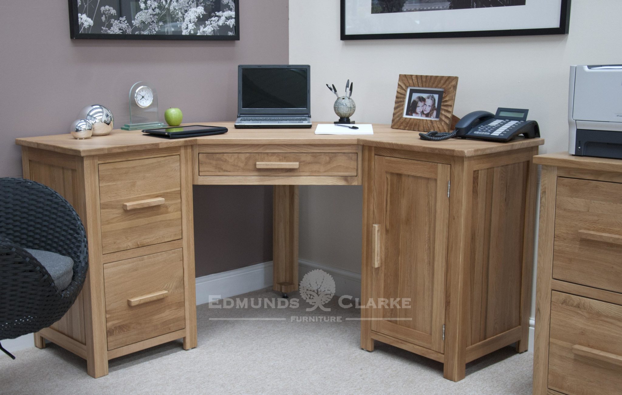 Bury Solid Oak Corner Desk With Filing, Wood Corner Desk With Filing Cabinet