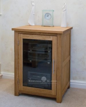 Bury Solid Oak HiFi Unit, adjustable glass shelves and bevelled glass door. chrome handle as standard, oak handle available extra optional