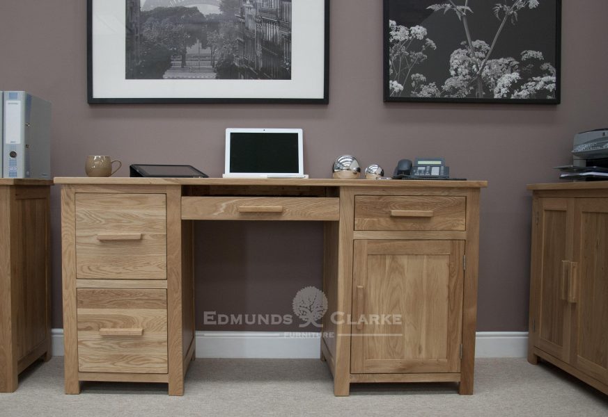 Bury oak home office large desk, 2 filing cabinets that hold A4 hanging files, keyboard drawer and cupboard with drawer above, ample space, light oak finish