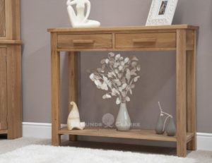 Bury solid oak console hall table. with 2 drawers and handy shelf below. chrome bars fitted as standard. oak bars available at extra cost
