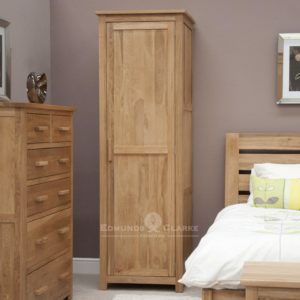 Bury Solid Oak Single Slim Wardrobe. full hanging, light lacquer finish and choice of wood or metal handle