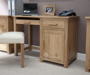 Bury solid oak home office small desk with cupboard, pull out keyboard drawer to the left and tower storage with drawer to the right, metal handles or wood handles available