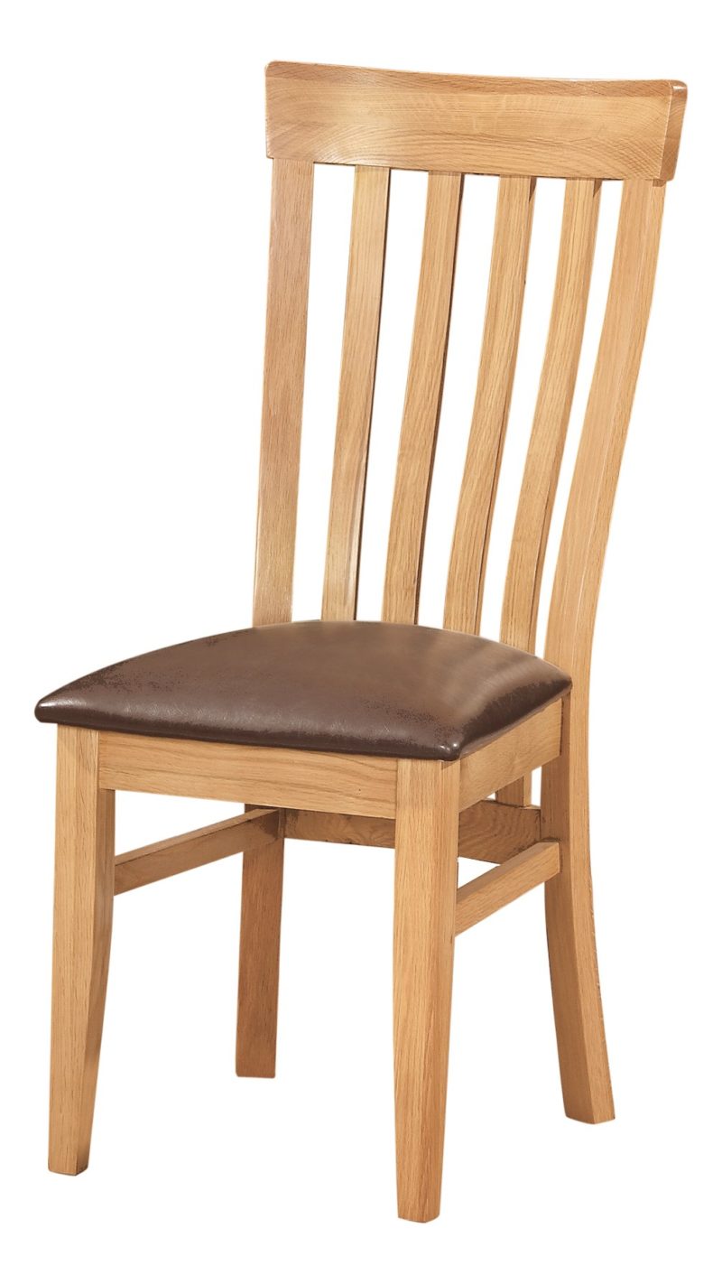 Toulouse Dining Chair. small vertical slats with excellent lumbar support. faux leather dark brown seat pad, this chair goes with Norwich Oak and Dorset Oak LIGHT OAK collections. DOR099