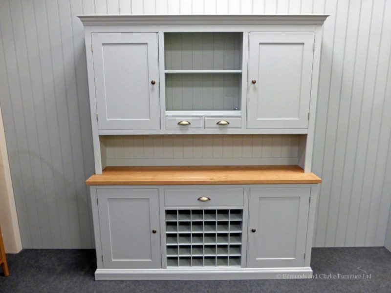 Edmunds 6ft Painted kitchen Dresser, rack includes 2 doors and centre shelf with spice drawers. sideboard includes wine rack in centre with drawer above and 2 doors either side. choice of handles. EDM038