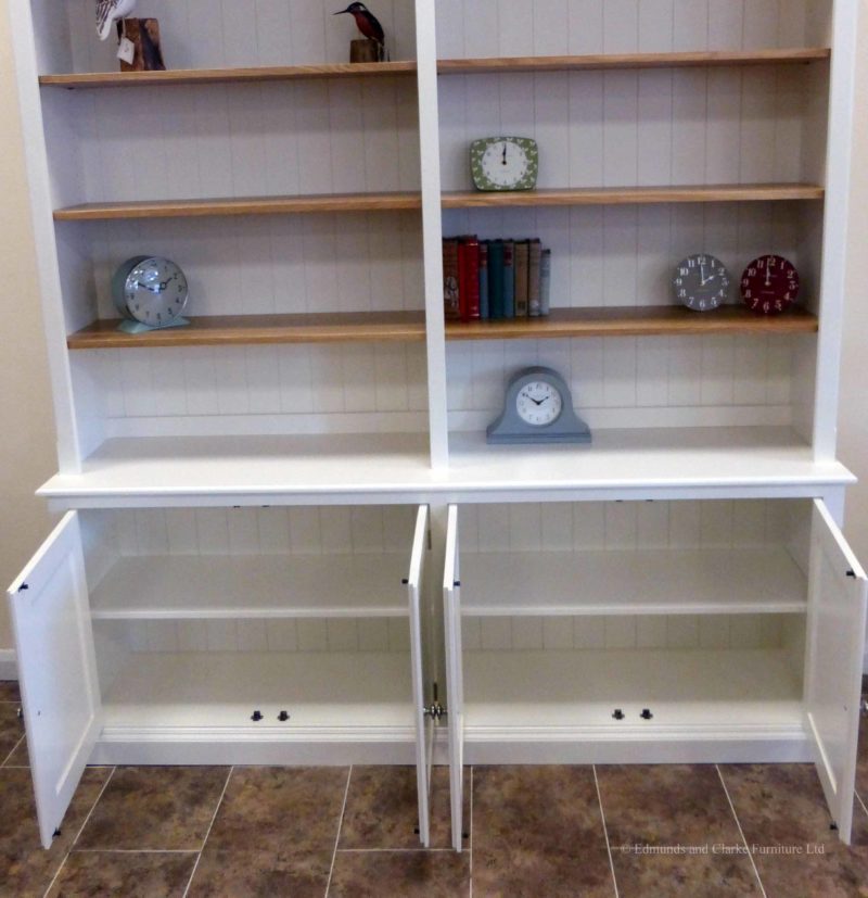 Edmunds 2 metre Painted double library bookcase, painted all over with adjustable oak shelves, cupboard under with 4 doors. adjustable shelves, choice of handles and knobs. image showing doors open. EDM048