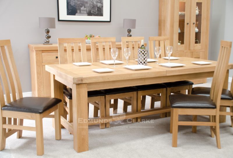 Hadleigh Solid Oak Extra Large Extending Dining Table. Light oak finish, 2 extending leaves, can seat up to 14 people