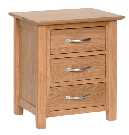 Norwich Oak 3 Drawer Bedside chest. contemporary shaker style straight lines and shaped edges on tops. shaped chrome bar handles. 3 handy drawers NNB30