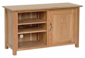Norwich Oak Standard TV Cabinet. contemporary shaker style straight lines and shaped edges on tops. shaped chrome bar handle. 2 handy shelves of one side and 1 door NNT20