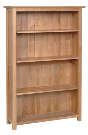 Norwich Oak 5ft tall Bookcase. contemporary shaker style straight lines and shaped edges on tops. 2 adjustable shelves and 1 fixed shelf. NNK30
