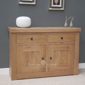 Hadleigh solid oak chunky small sideboard. light lacquered oak with rustic knobs 2 handy drawers and 2 doors below