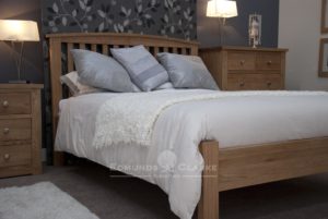 Solid oak 3ft single size arched bed. vertical slats on headboard with slight curve capping