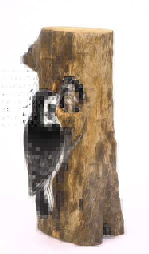 Lesser Spotted Woodpecker Wood Carving D366. perched on a wood block feeding its young baby through the tree trunk. Fair trade