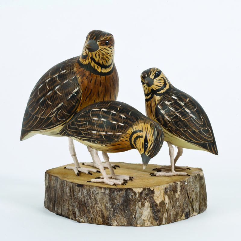 Archipelago Quail Block Wood Carving D369 standing on wood block. hand painted and carved. fairtrade