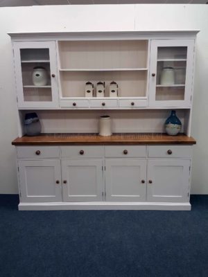 Plain Painted 7ft Kitchen Dresser. image showing rough sawn chunky pine top with matching knobs and painted shelves on the rack. may colours and handle options available