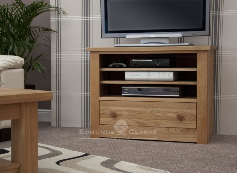 solid oak tv stand with large drawer below and open section above with two adjustable shelves