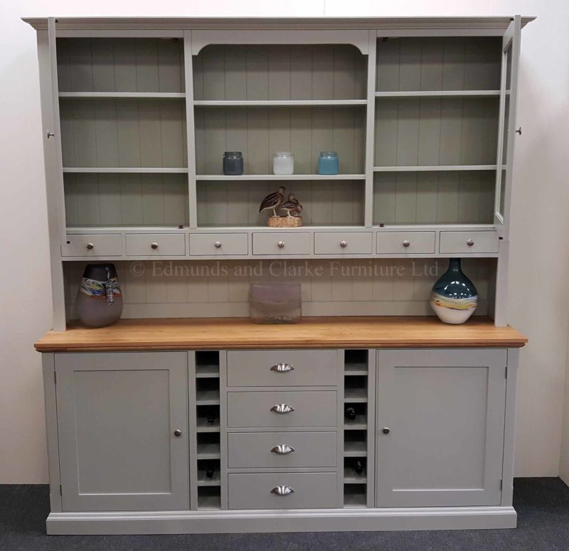 painted tall wide kitchen dresser, two large glazed doors with open central section spice drawers below, wine racks in sideboard