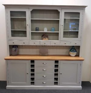 Edmunds Painted 7ft Tall Dresser With Wine Racks. Oak sideboard top and painted shelves