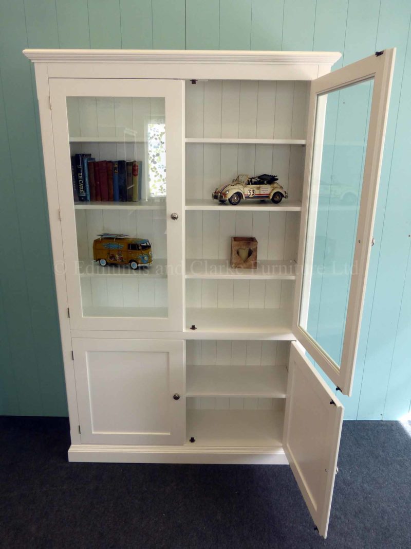 Painted white glazed bookcase with paneled doors below, choice of colours available
