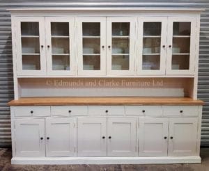 Edmunds painted 9ft half glazed dresser. very large dresser with 5 drawers 6 doors. oak top. 10 colours to choose from with various handle knob options only at edmunds clarke bury st edmunds