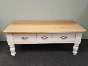 Edmunds Painted Coffee Table. painted in wells white with oak top upgrade. chrome cup handles