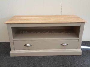 Grey painted tv unit one drawer with opening for sky box