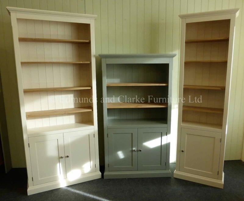 painted standard depth bookcases with cupboard. various sizes and widths available. 10 colours available with various handle knob options only at edmunds clarke bury st edmunds