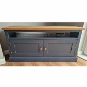 Edmunds standard tv unit painted stiffkey blue with square edge oak top, Edmunds & Clarke furniture