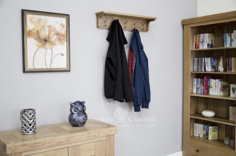 Solid oak rustic Lavenham coat rack with shelf