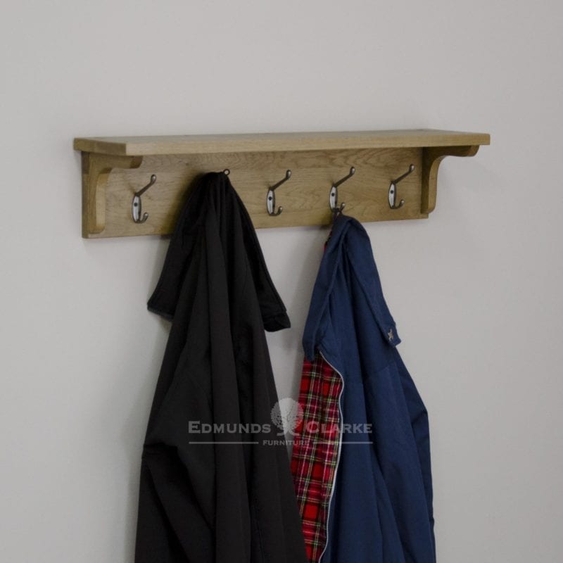 Lavenham solid rustic oak wall mounted coat rack. 5 double hook with shelf above. perfect for hat and scarves, gloves