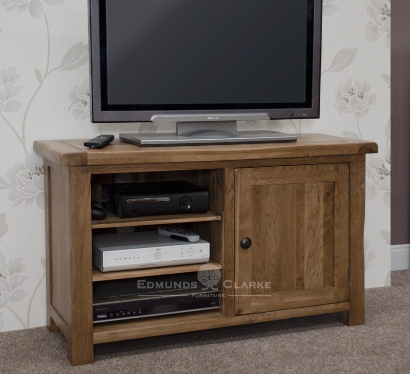 Lavenham Solid Rustic Oak TV Cabinet. pewter knobs and adjustable shelves and rounded off edges.