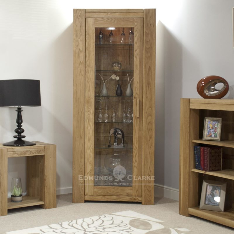 Newmarket solid oak chunky style glazed display cabinet with glass shelves and lights
