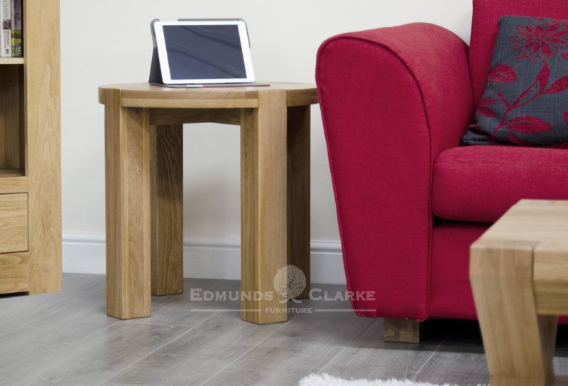 Round solid oak lamp table with four square edge legs chunky style