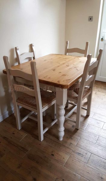 Farmhouse dining table painted with pine waxed top and bretton chairs