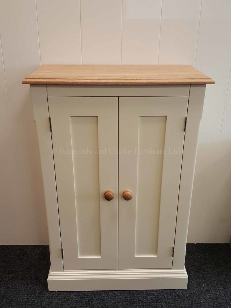 Shallow depth two door cupboard painted with oak top, choice of colors