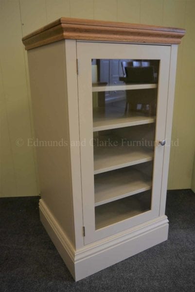 Painted glazed hifi cabinet with hinged oak top, four internal adjustable shelves
