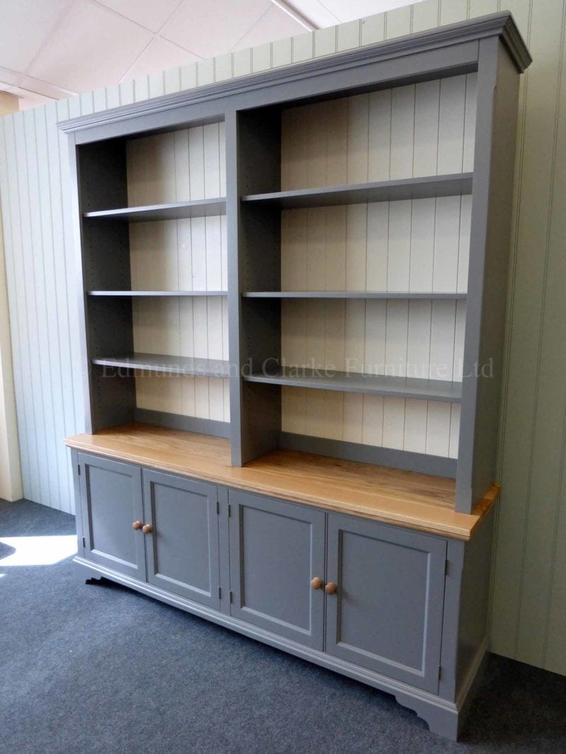 Large painted bookcase with four door deeper cupboard below, solid oak top six adjustable shelves