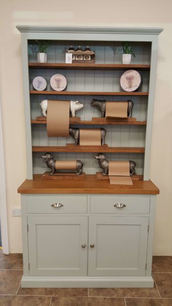 Small Edmunds painted open hutch dresser with rough sawn pine top and shelves. two drawers and doors