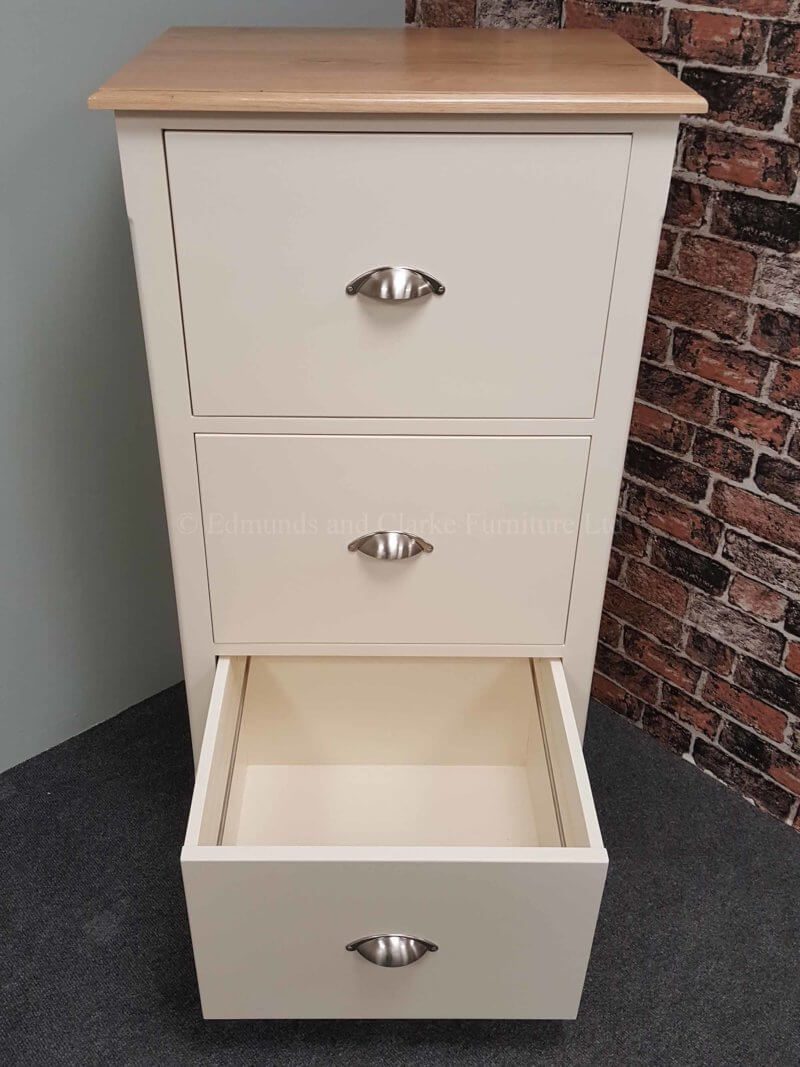Three drawer painted filing cabinet with oak top, made for foolscap suspension files