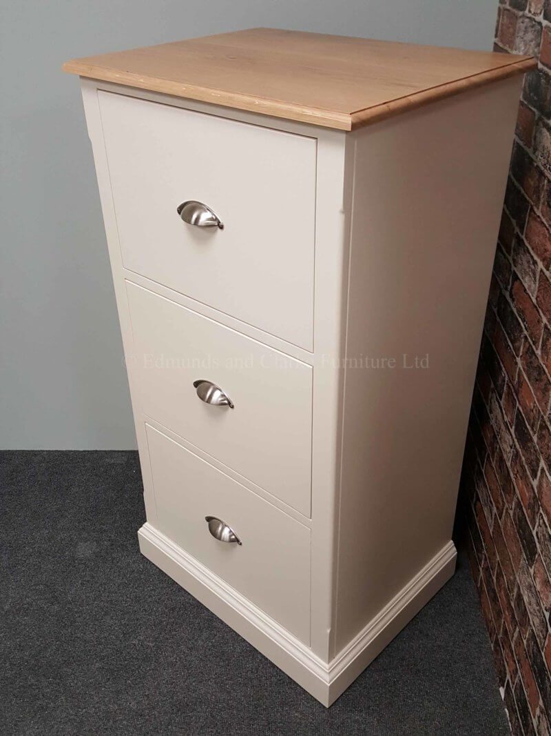 Three drawer filing cabinet painted in a choice of colours, pine or oak top also available