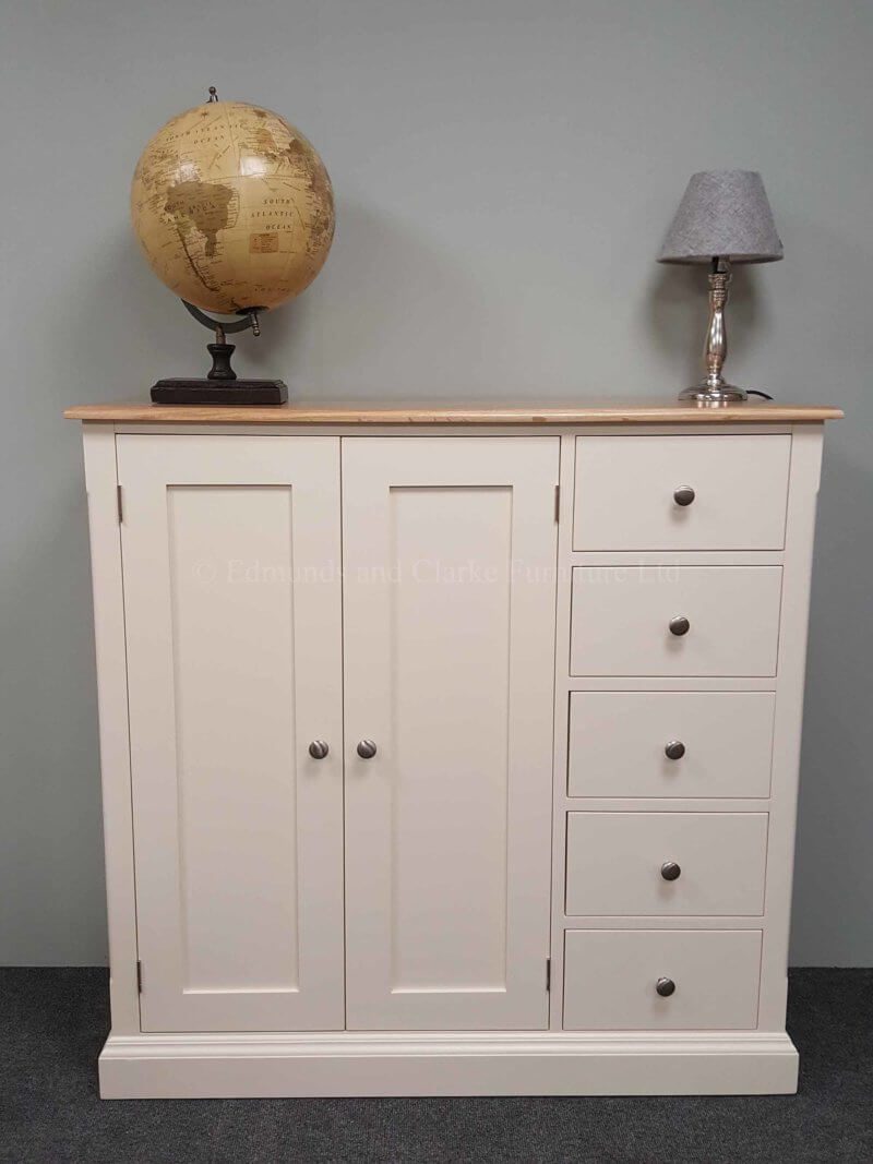 Painted multi function cupboard with door and five drawers to the right side. 10 colours to choose from and optional oak top or painted or pine tops available too. optional knobs or handles available